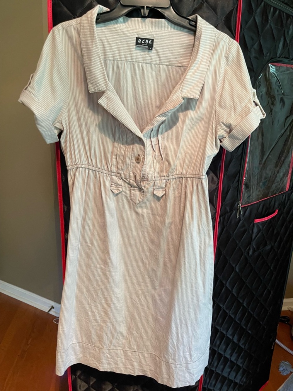 BCBG Paris Beige and White Pinstripe Shirt Dress